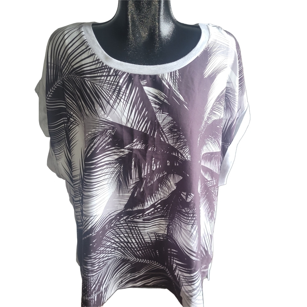 Attitude Black and Grey Palm Print Short Sleeve Top Size 3X